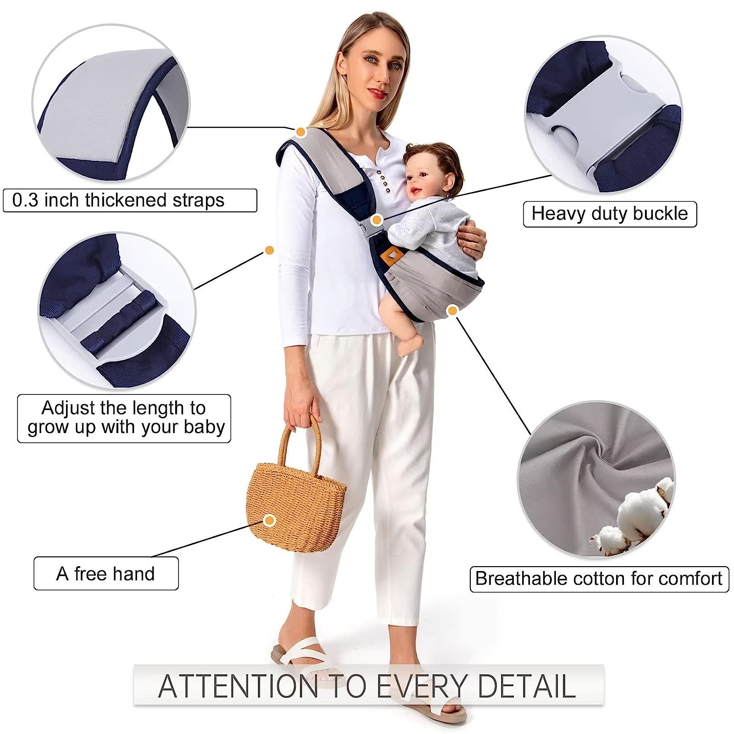 Baby Sling Carrier Newborn to Toddler, Lightweight Baby Carrier Sling, Baby Wrap Sling, Baby Hip Seat Carrier for Toddler Sling, Baby Holder Carrier, Nursing Sling, Carrying 7-45 lbs, Grey