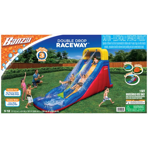 BANZAI Double Drop Raceway Large Inflatable Water Park Play Center - Dual Racing Water Slides & Climbing Wall - Outdoor Summer Fun For Kids & Families