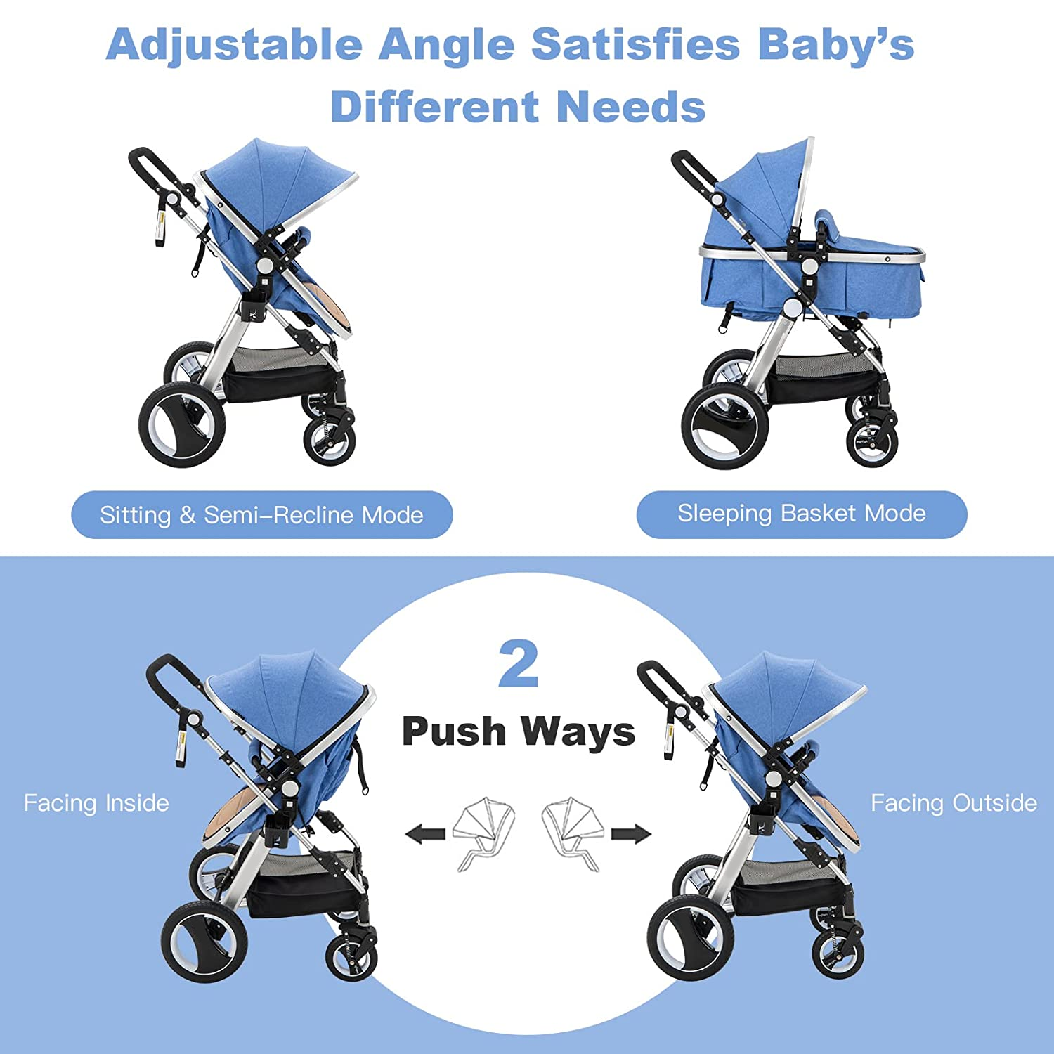 Baby Stroller for Newborn, 2 in 1 High Landscape Infant Stroller & Convertible Bassinet Pram, Adjustable Backrest & Canopy, Cup Holder, Storage Basket, Foldable Pushchair w/Foot Cover (Blue)