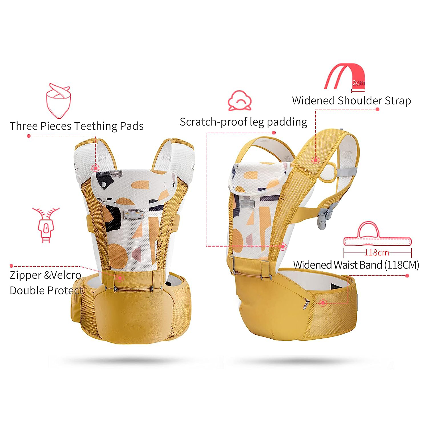 Baby Carrier Newborn to Toddler Baby Hip Carrier with Head Hood,Waist Extender & 3 Pieces Teething Pads (Grey)