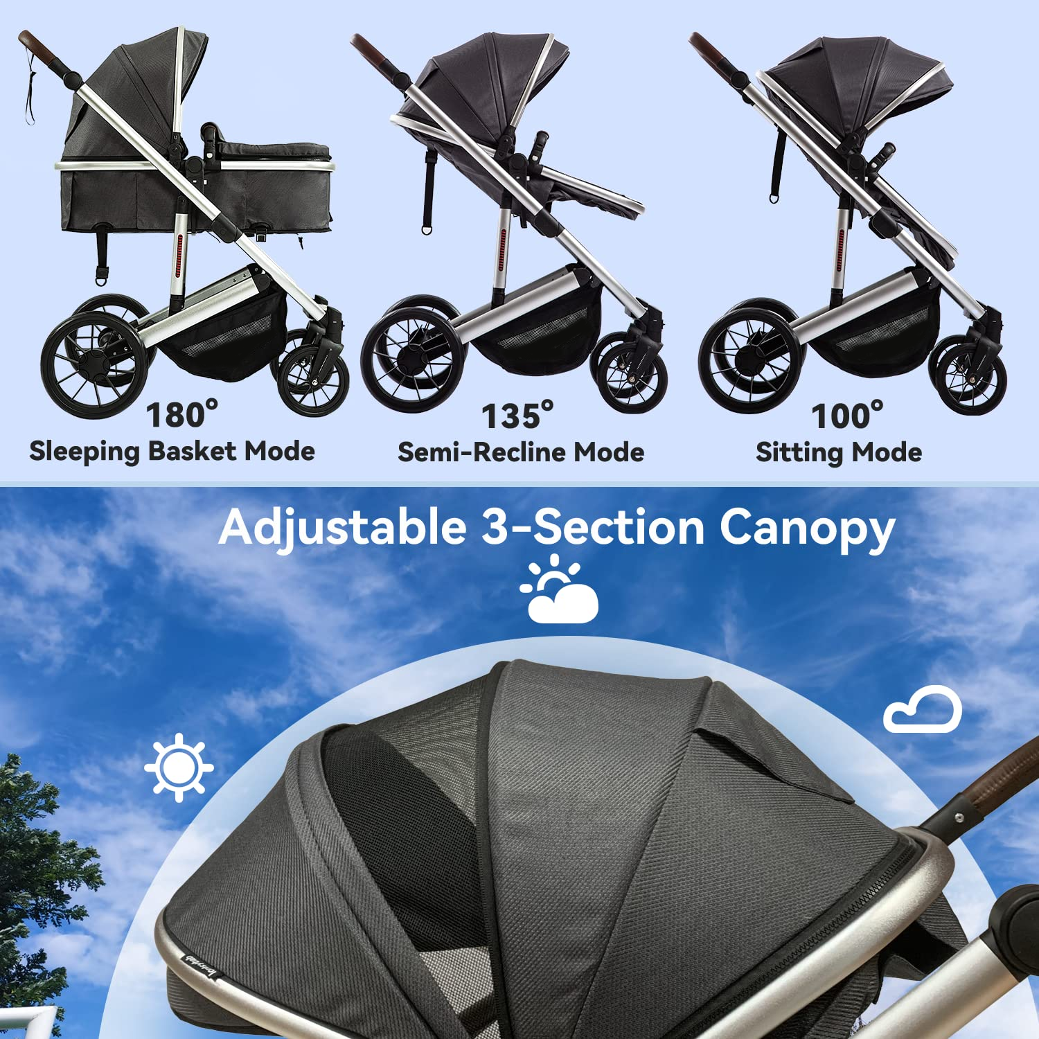 Baby Stroller - 2 in 1 High Landscape Convertible Stroller with Reversible Seat | Foldable Aluminum Alloy Pram Anti-Shock Toddler Pushchair Strollers for 0-36 Months Babies