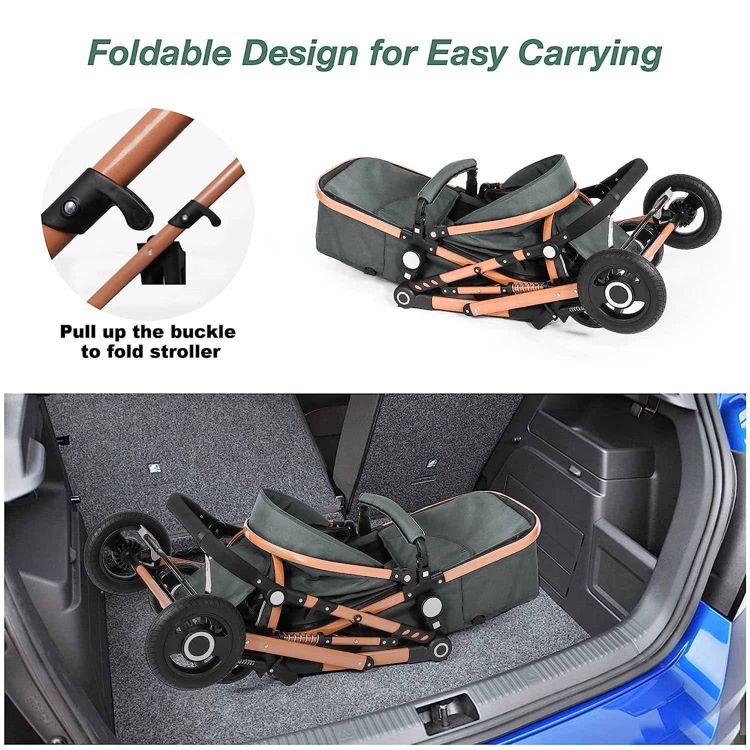 Baby Stroller, High Landscape Infant Stroller, Newborn Reversible Bassinet Pram, Foldable Pushchair with Foot Cover, Cup Holder, Net, Safety Wrist Strap (Celadon)