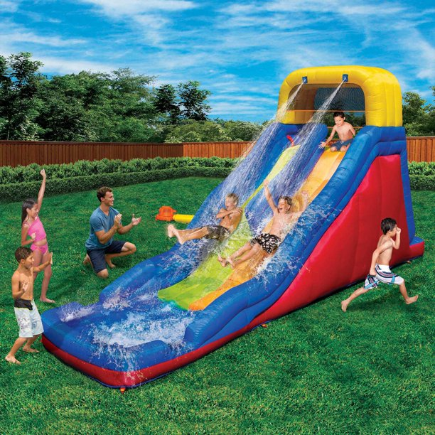 BANZAI Double Drop Raceway Large Inflatable Water Park Play Center - Dual Racing Water Slides & Climbing Wall - Outdoor Summer Fun For Kids & Families