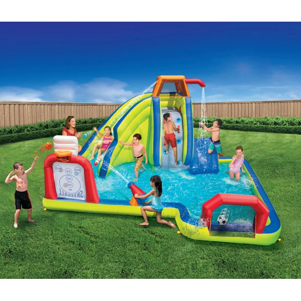 Banzai Inflatable Arcade Splash Water Park Slide with SkeeBall Toss, Soccer & Basketball