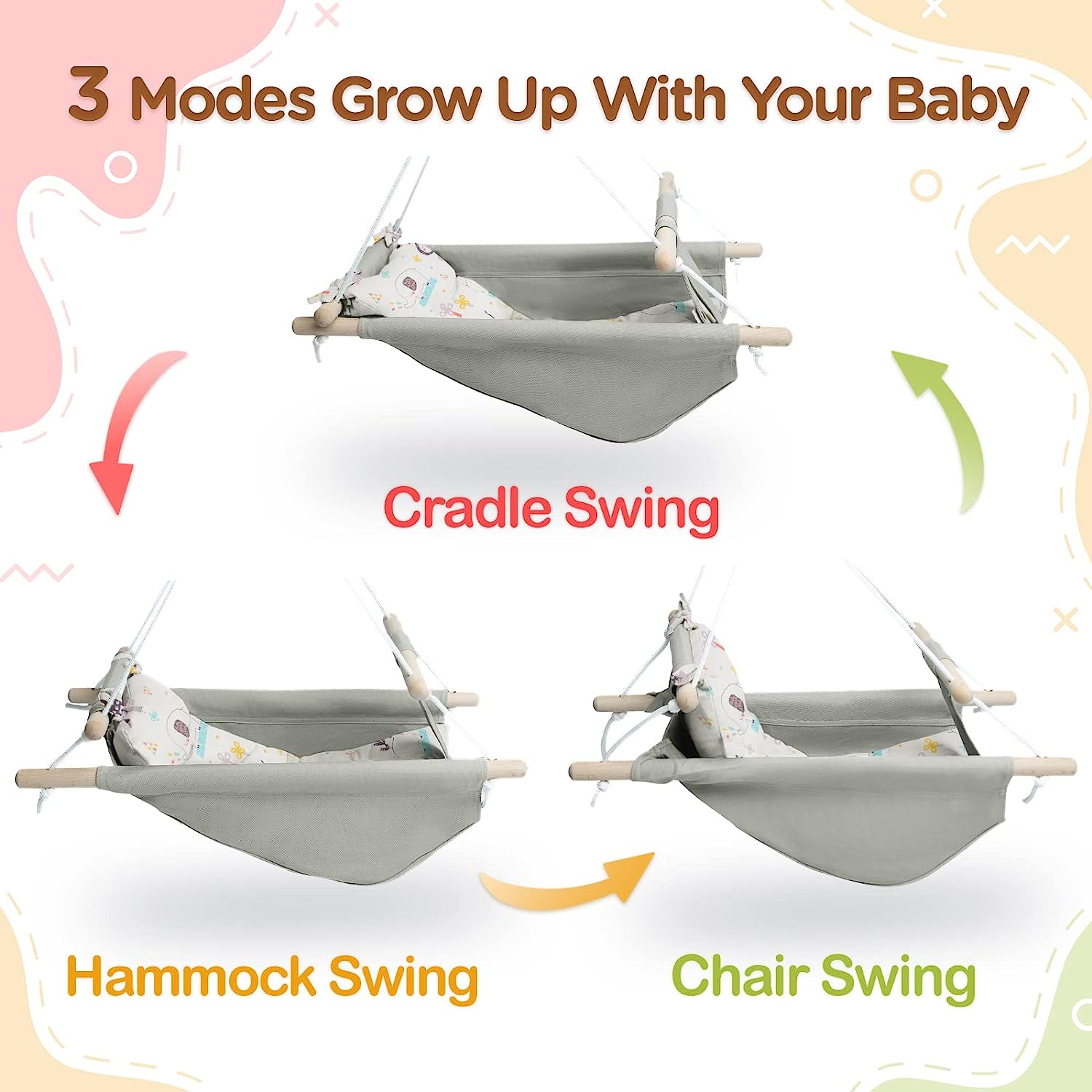 Baby Swing for Baby and Toddler, Canvas Baby Hammock Swing Indoor and Outdoor with Safety Belt and Mounting Hardware, Wooden Hanging Swing Seat Chair for Baby up to 4 Year - Little Cloud