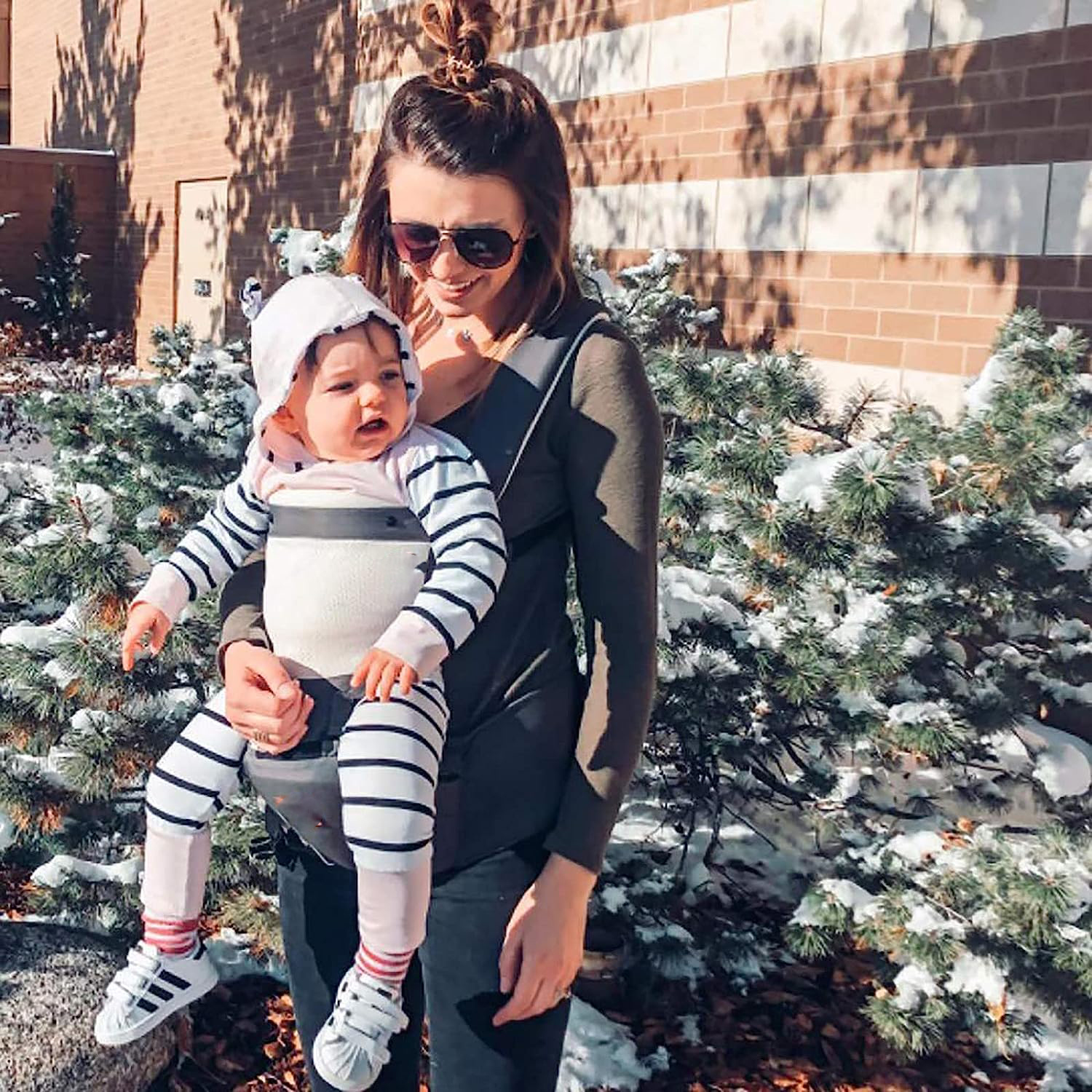 Baby Carrier Newborn to Toddler Baby Hip Carrier with Head Hood,Waist Extender & 3 Pieces Teething Pads (Grey)