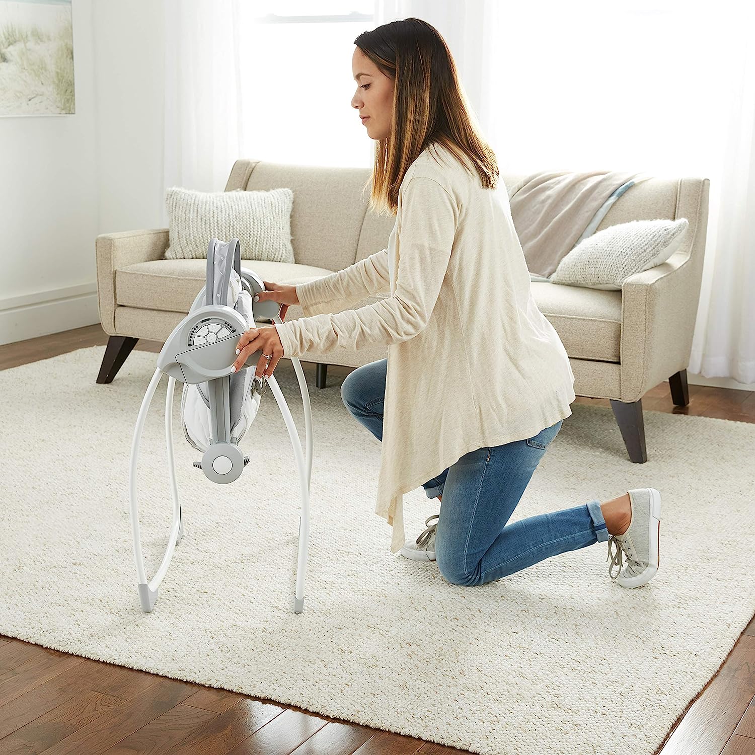 Ingenuity Soothe 'n Delight Compact Portable 6-Speed Plush Baby Swing with Music, Folds Easy, 0-9 Months 6-20 lbs (Cozy Kingdom)