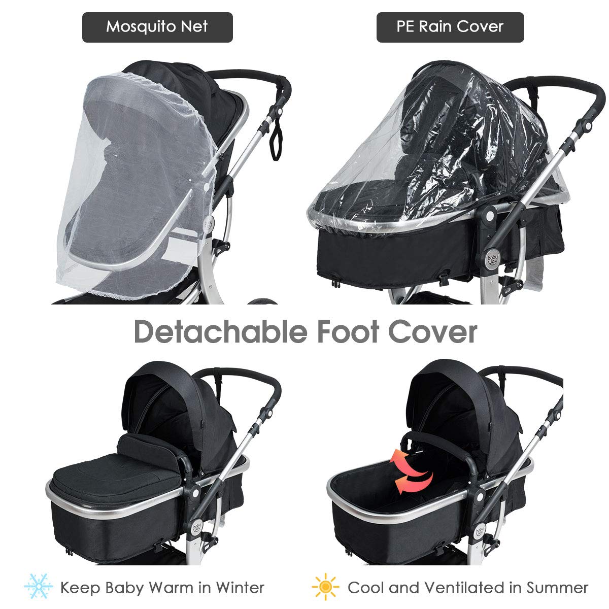 Baby Stroller, High Landscape Convertible Infant Bassinet Stroller, Adjustable Canopy & Backrest, Storage Basket, Foot Cover, Foldable Newborn Carriage Pram Stroller (Gray)