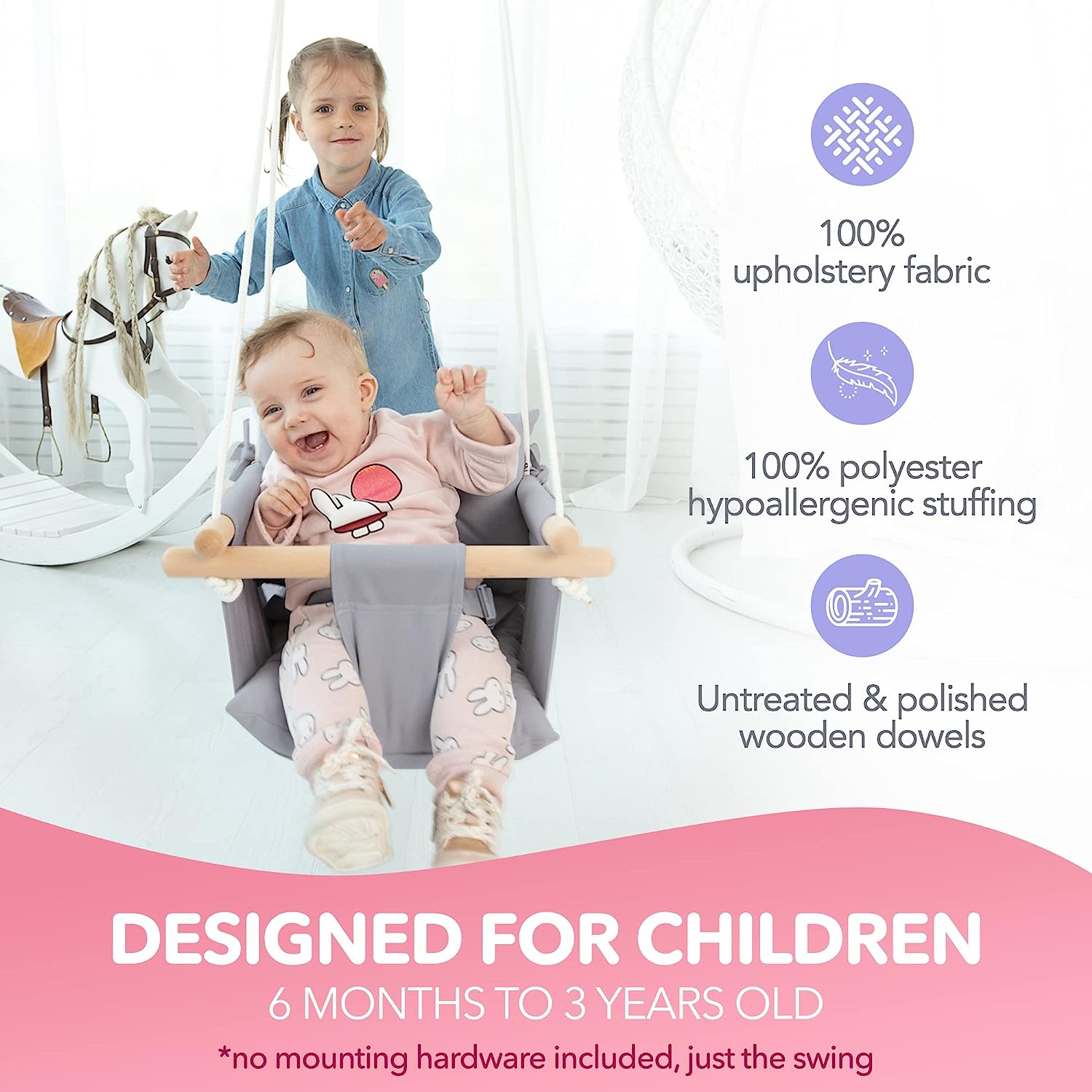 Canvas Baby Swing, Wooden Hanging Swing Seat Chair with Safety Belt, Durable Baby Hammock Chair, Outdoor and Indoor Swing for Kids, Mounting Hardware Included, Ivory