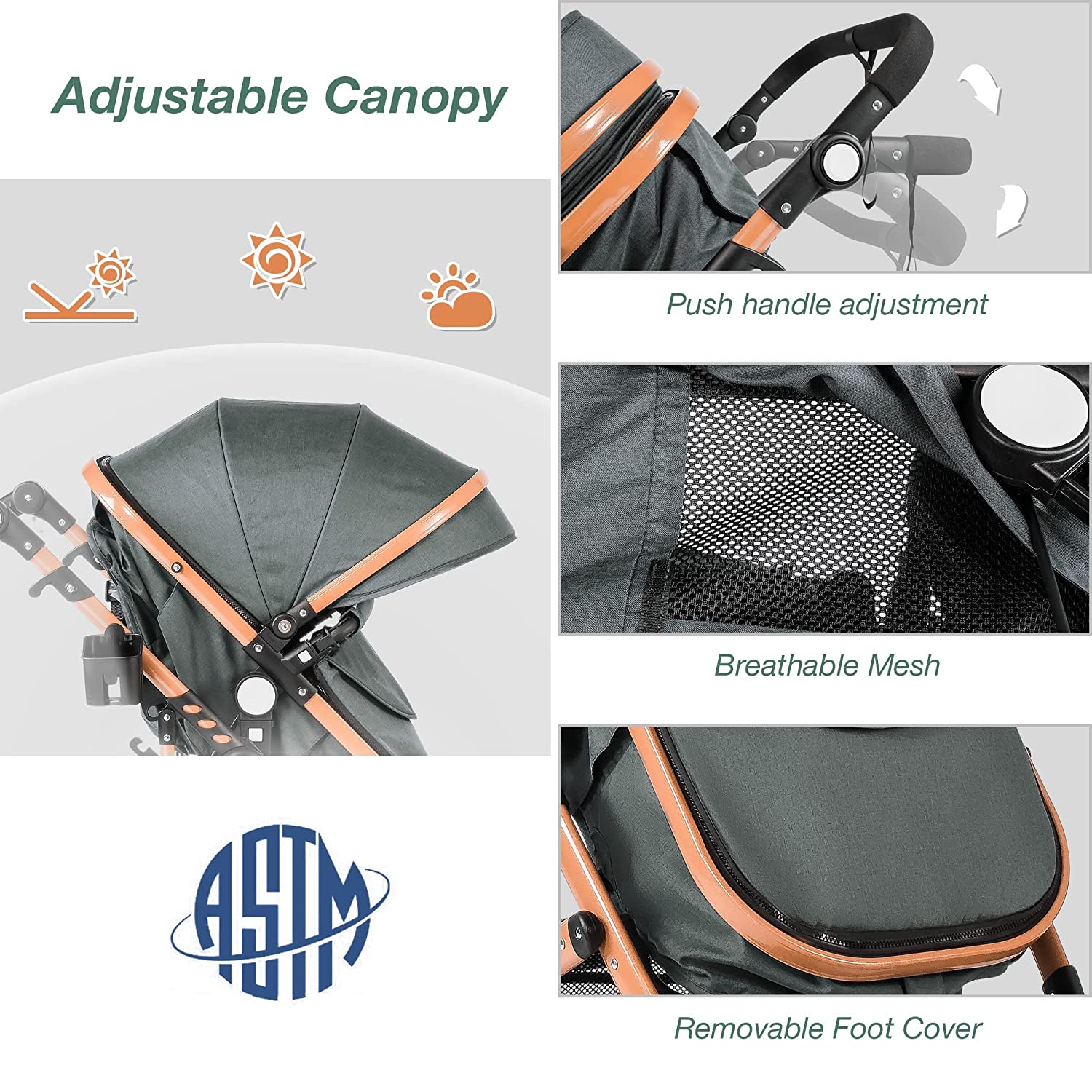 Baby Stroller, High Landscape Infant Stroller, Newborn Reversible Bassinet Pram, Foldable Pushchair with Foot Cover, Cup Holder, Net, Safety Wrist Strap (Celadon)
