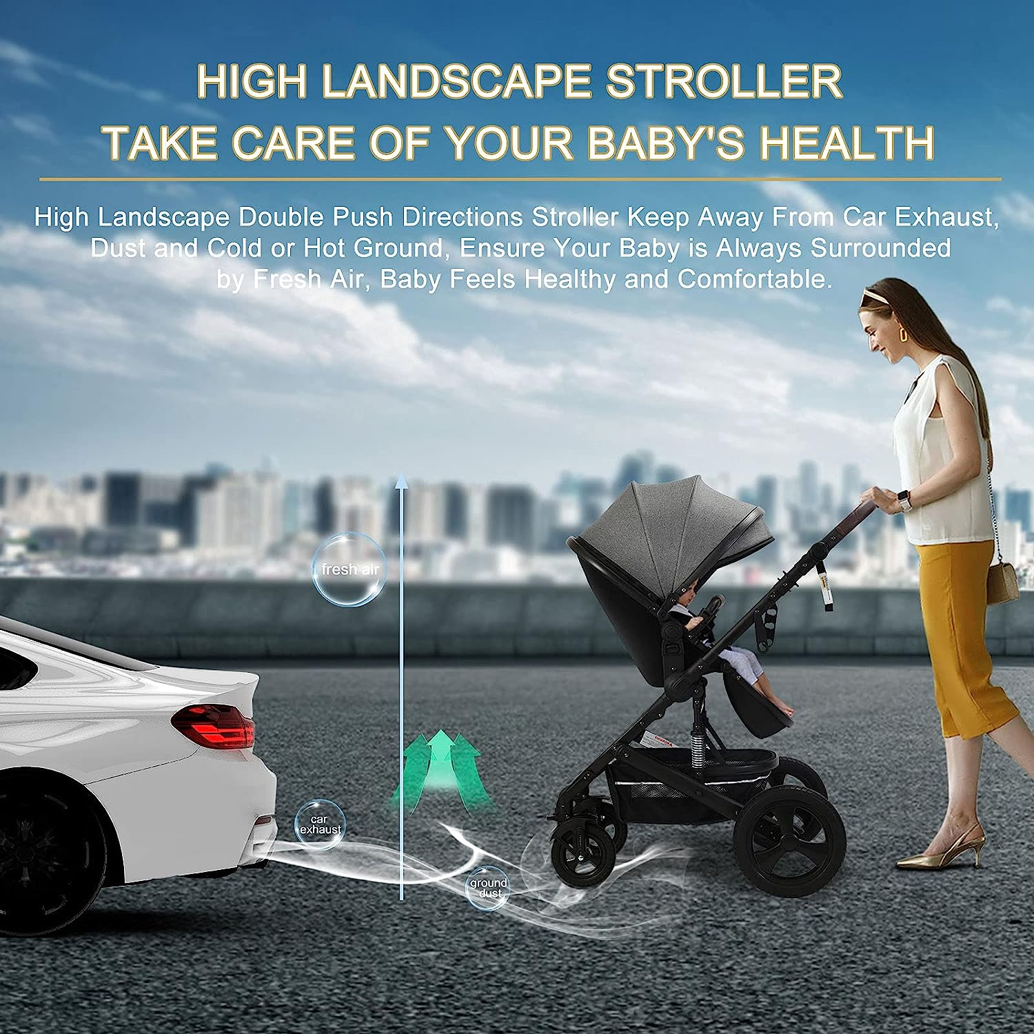 Newborn Infant Toddler Baby Stroller - Strollers with Backrest Adjustable Reversible, 2 in 1 High Landscape Convertible Bassinet Foldable Aluminum Alloy 3D Shock Absorption All Terrain Pram