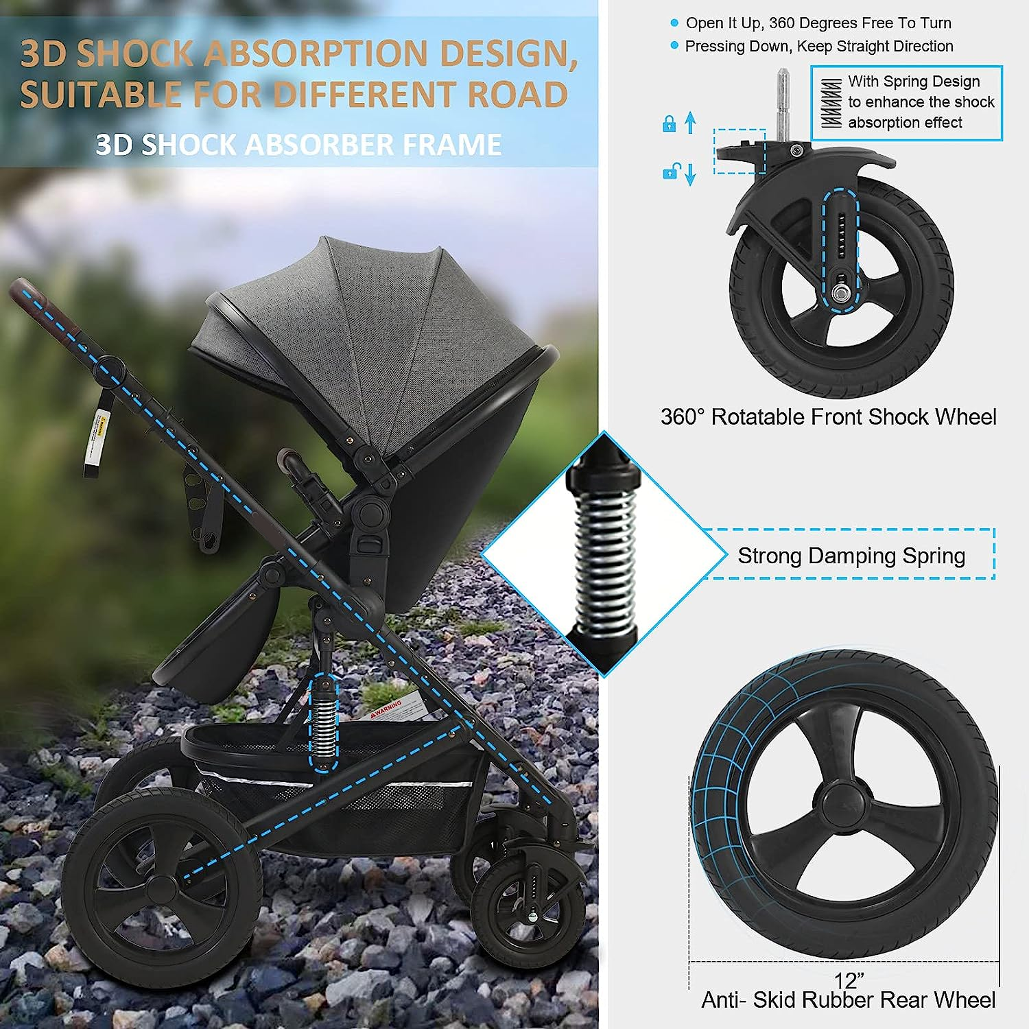 Newborn Infant Toddler Baby Stroller - Strollers with Backrest Adjustable Reversible, 2 in 1 High Landscape Convertible Bassinet Foldable Aluminum Alloy 3D Shock Absorption All Terrain Pram