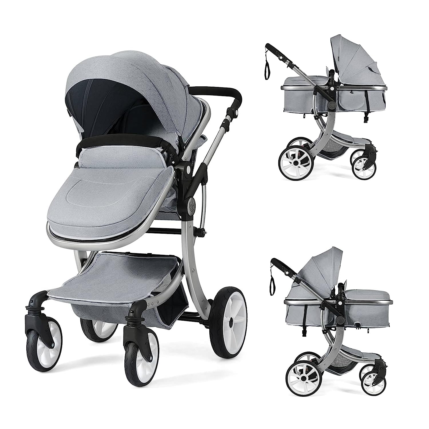 Baby Stroller, High Landscape Convertible Infant Bassinet Stroller, Adjustable Canopy & Backrest, Storage Basket, Foot Cover, Foldable Newborn Carriage Pram Stroller (Gray)