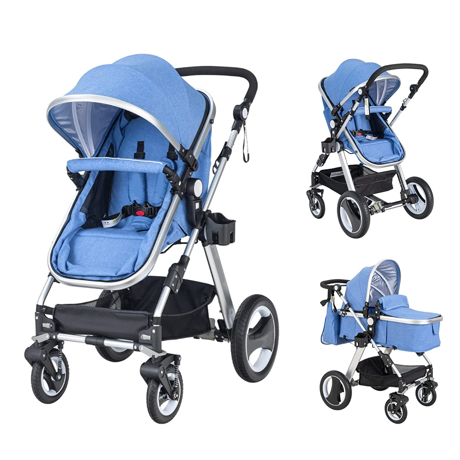 Baby Stroller for Newborn, 2 in 1 High Landscape Infant Stroller & Convertible Bassinet Pram, Adjustable Backrest & Canopy, Cup Holder, Storage Basket, Foldable Pushchair w/Foot Cover (Blue)