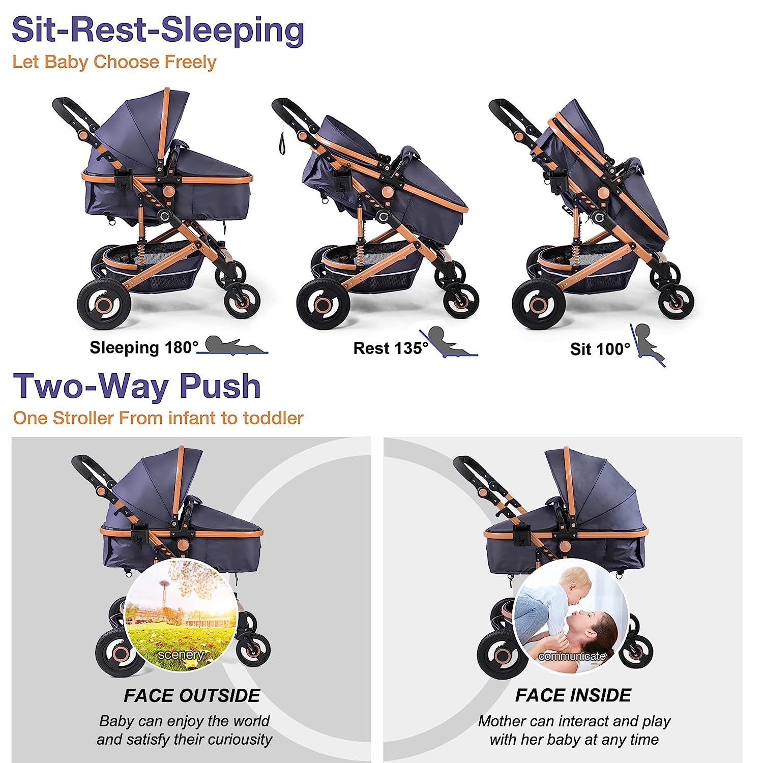 Baby Stroller, High Landscape Infant Stroller, Newborn Reversible Bassinet Pram, Foldable Pushchair with Foot Cover, Cup Holder, Net, Safety Wrist Strap (Celadon)