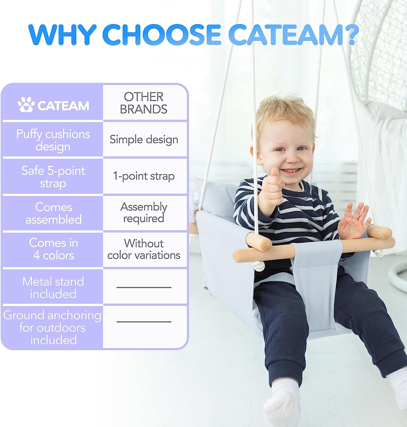 Canvas Baby Swing, Wooden Hanging Swing Seat Chair with Safety Belt, Durable Baby Hammock Chair, Outdoor and Indoor Swing for Kids, Mounting Hardware Included, Ivory