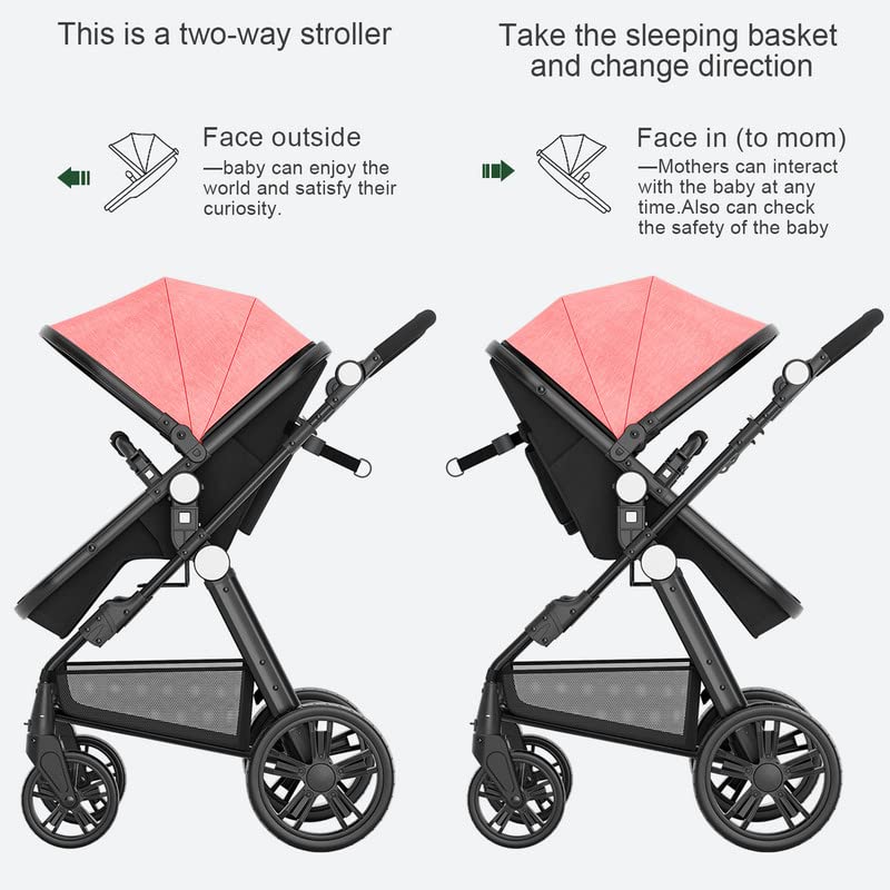 Baby Stroller Newborn Carriage Infant Reversible Bassinet to Luxury Toddler Vista Seat for Boy Girl Compact Single All Terrain Babies Pram Strollers Add Stroller Cover, Cup Holder, Net