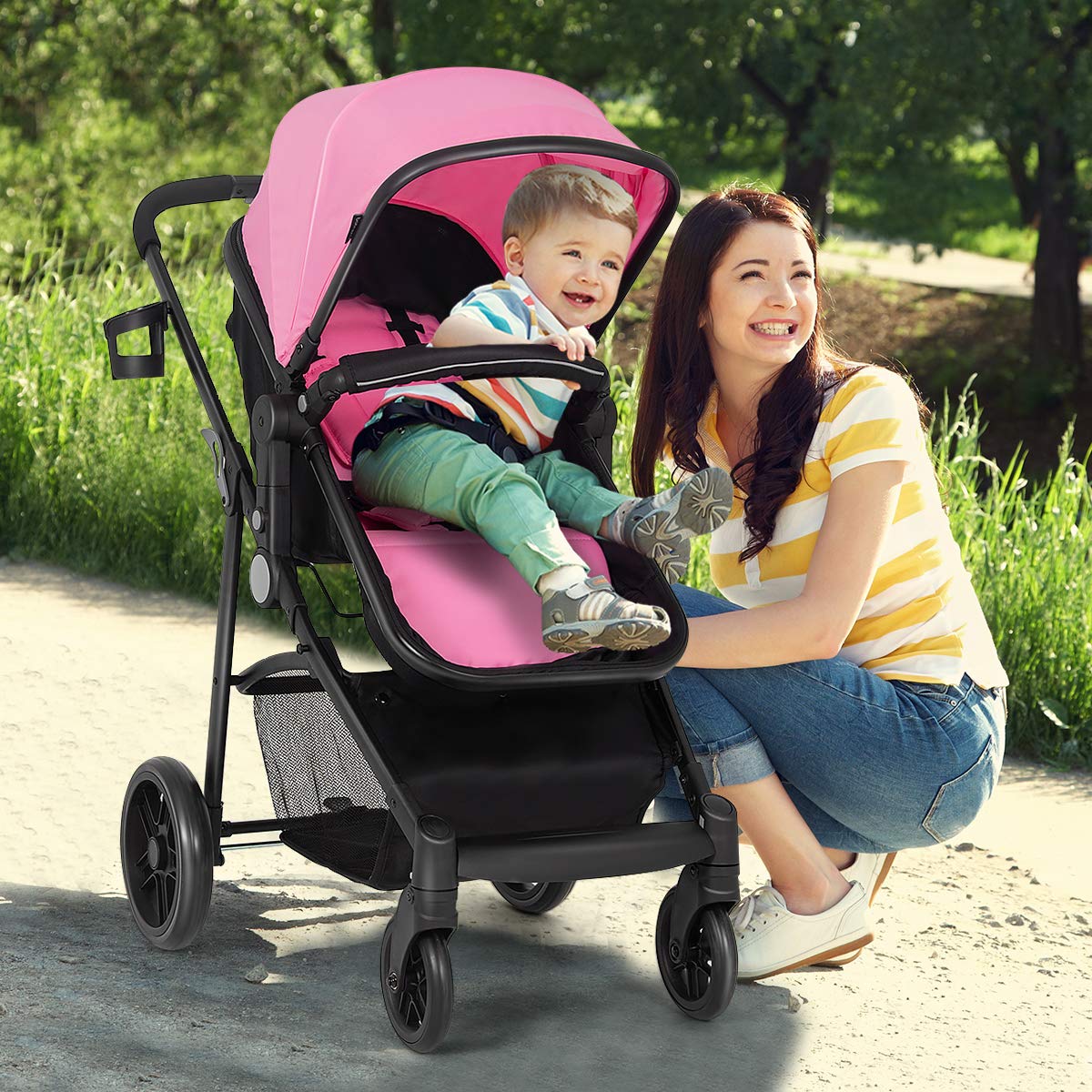 Baby Stroller, High Landscape Convertible Infant Bassinet Stroller, Adjustable Canopy & Backrest, Storage Basket, Cup Holder, Foldable Newborn Carriage Pram Stroller Pink)