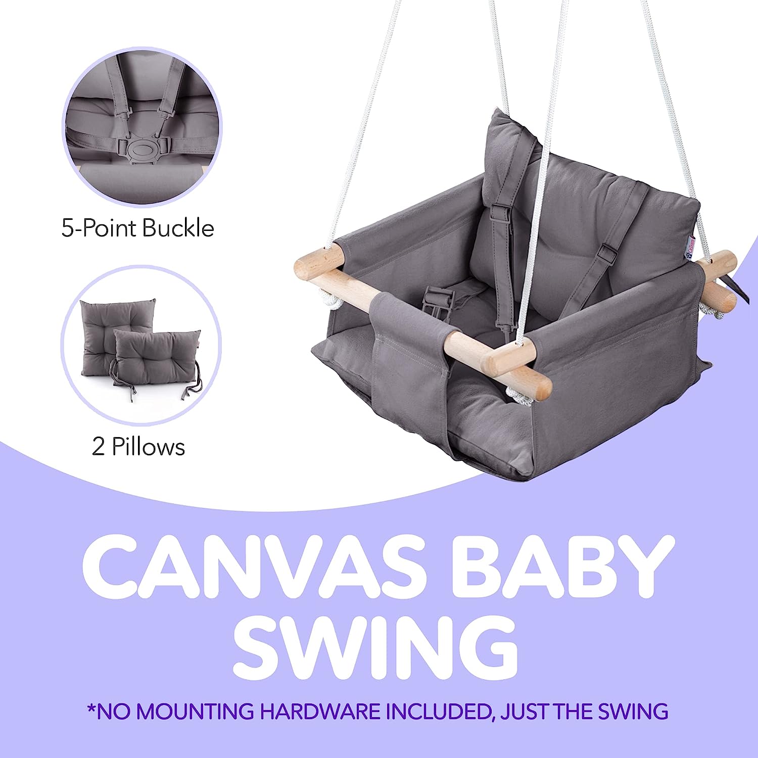 Canvas Baby Swing, Wooden Hanging Swing Seat Chair with Safety Belt, Durable Baby Hammock Chair, Outdoor and Indoor Swing for Kids, Mounting Hardware Included, Ivory