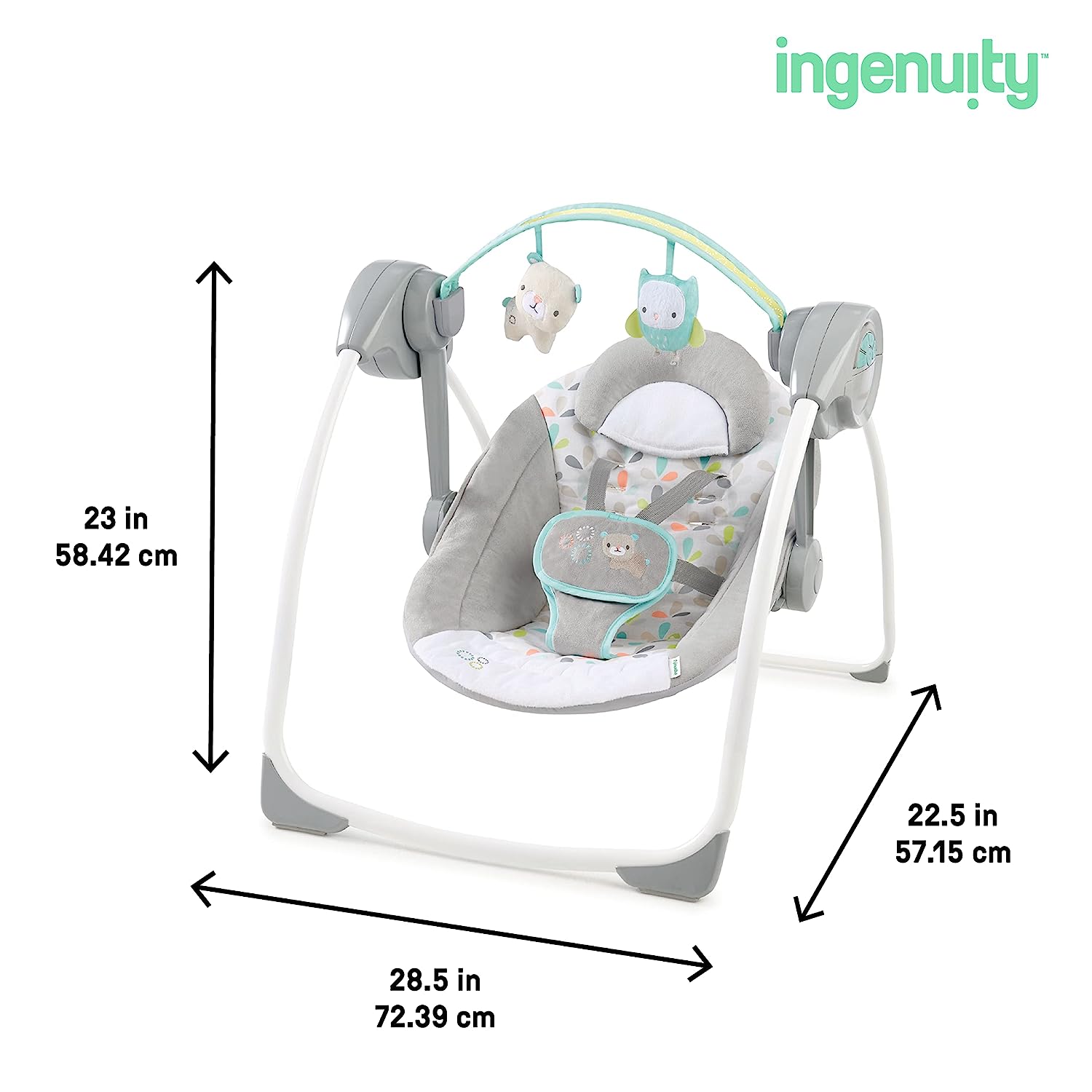 Ingenuity Soothe 'n Delight Compact Portable 6-Speed Plush Baby Swing with Music, Folds Easy, 0-9 Months 6-20 lbs (Cozy Kingdom)