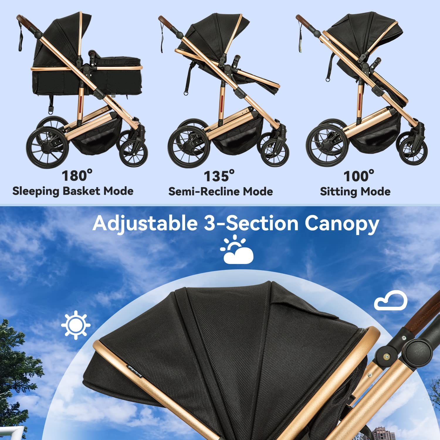 Baby Stroller - 2 in 1 High Landscape Convertible Stroller with Reversible Seat | Foldable Aluminum Alloy Pram Anti-Shock Toddler Pushchair Strollers for 0-36 Months Babies