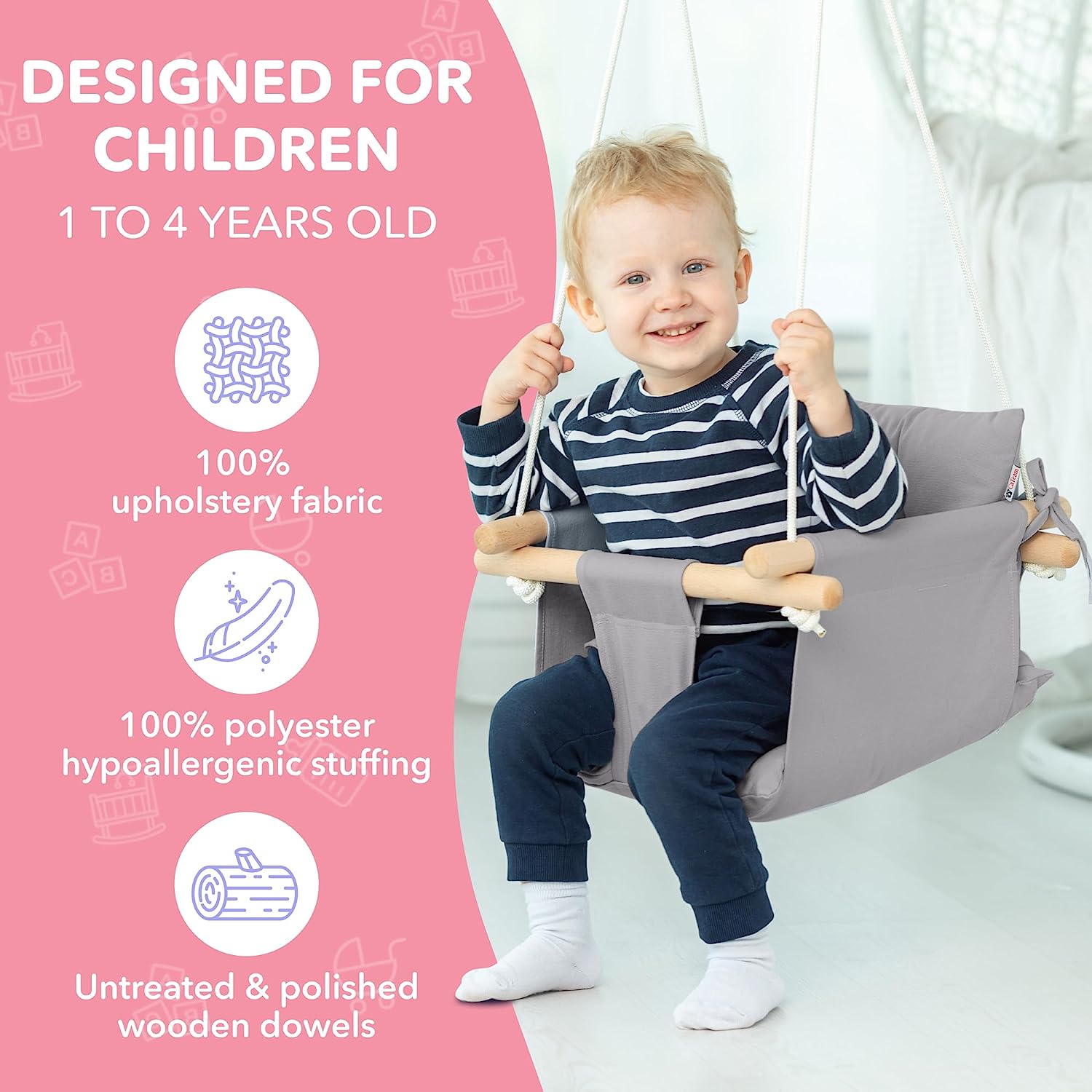 Canvas Baby Swing, Wooden Hanging Swing Seat Chair with Safety Belt, Durable Baby Hammock Chair, Outdoor and Indoor Swing for Kids, Mounting Hardware Included, Ivory