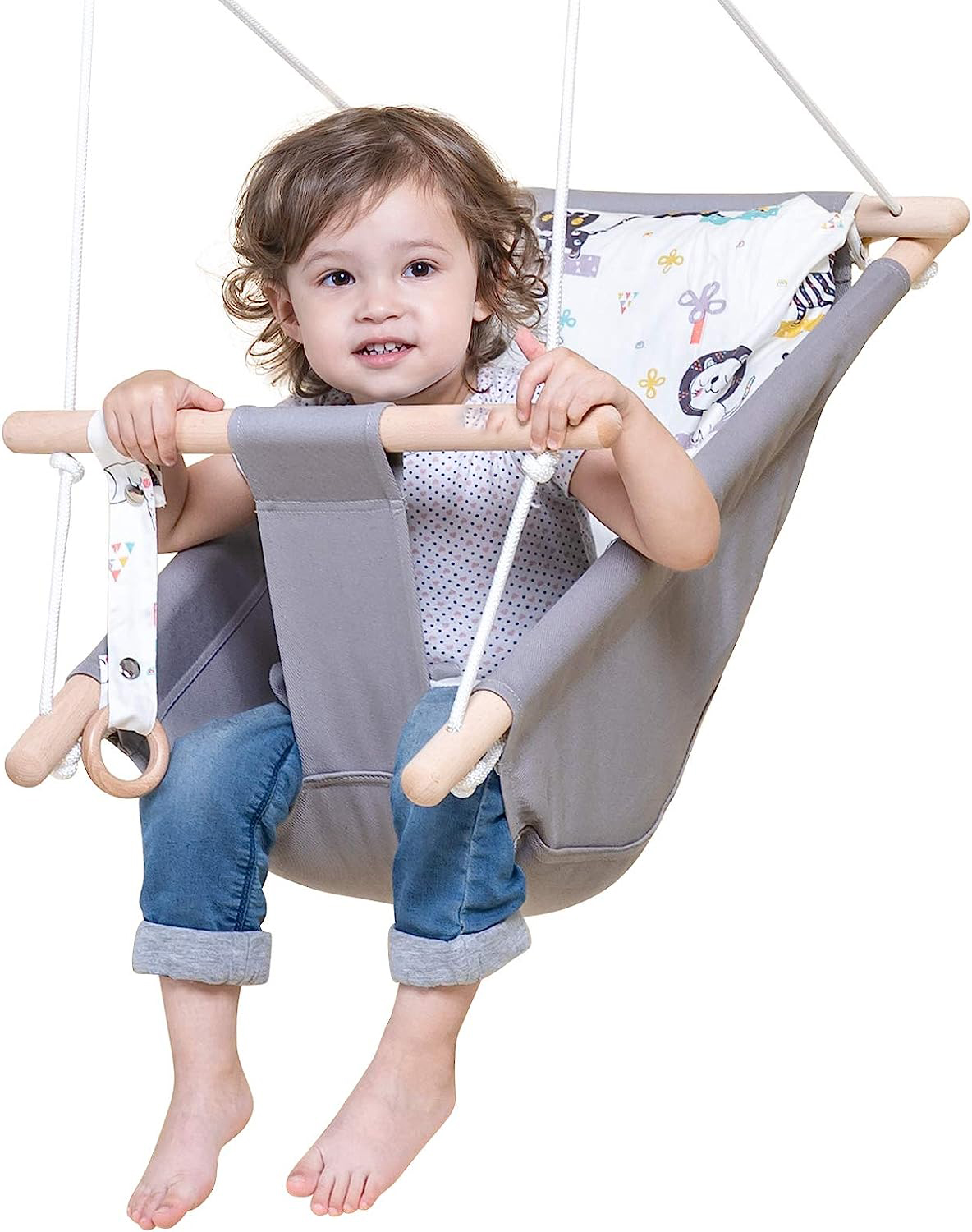 Baby Swing for Baby and Toddler, Canvas Baby Hammock Swing Indoor and Outdoor with Safety Belt and Mounting Hardware, Wooden Hanging Swing Seat Chair for Baby up to 4 Year - Little Cloud