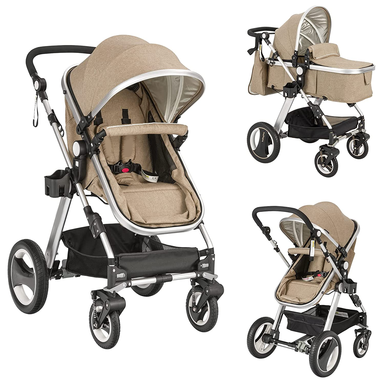 Baby Stroller, 2-in-1 Convertible Bassinet Reclining Stroller, Foldable Pram Carriage with 5-Point Harness, Including Cup Holder, Foot Cover, Diaper Bag, Aluminum Structure, Khaki