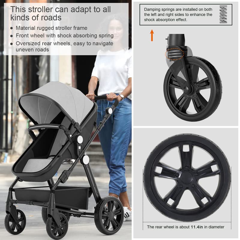 Baby Stroller Newborn Carriage Infant Reversible Bassinet to Luxury Toddler Vista Seat for Boy Girl Compact Single All Terrain Babies Pram Strollers Add Stroller Cover, Cup Holder, Net