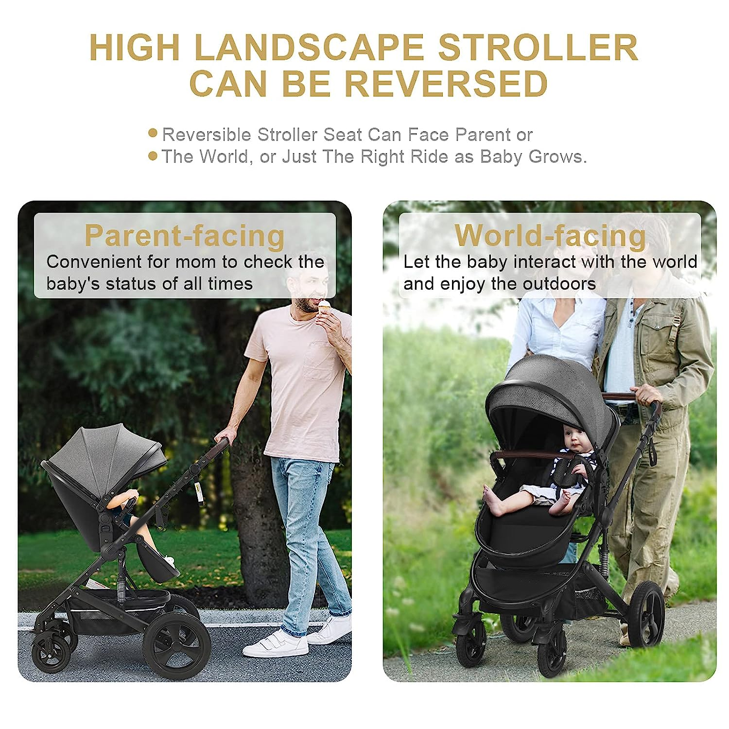 Newborn Infant Toddler Baby Stroller - Strollers with Backrest Adjustable Reversible, 2 in 1 High Landscape Convertible Bassinet Foldable Aluminum Alloy 3D Shock Absorption All Terrain Pram