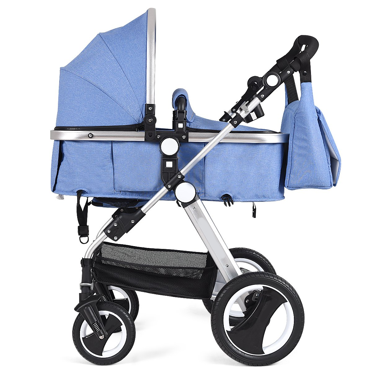 Baby Stroller for Newborn, 2 in 1 High Landscape Infant Stroller & Convertible Bassinet Pram, Adjustable Backrest & Canopy, Cup Holder, Storage Basket, Foldable Pushchair w/Foot Cover (Blue)