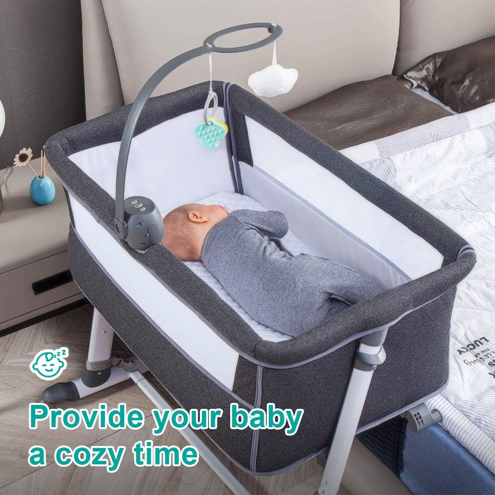 Baby Bedside Baby Bassinet, Best Bed Cribs for Infant Newborn, Portable Sleeper for Safer Co-Sleeping, Bed Crib Plus Hanging Figurine, Music, and Built-in Wheels - Girl Boy Unisex