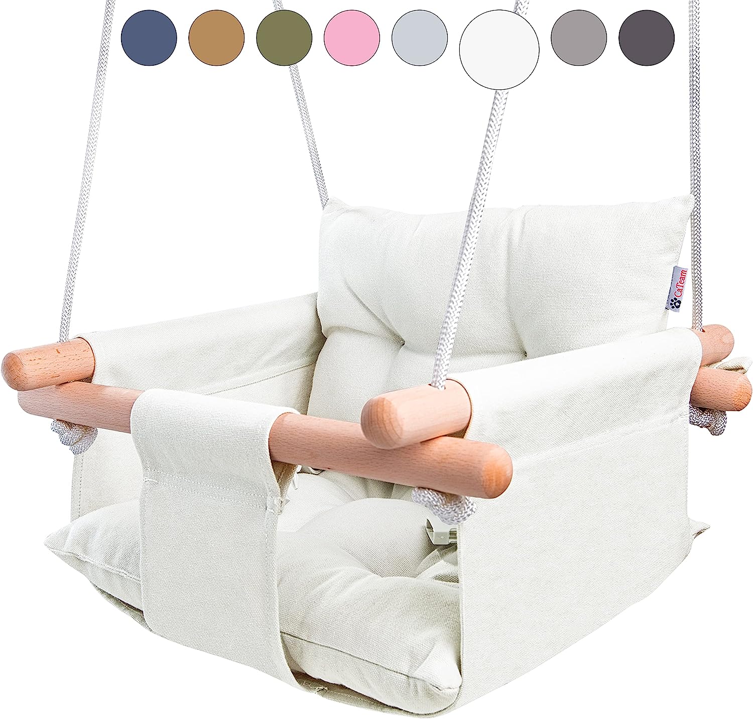 Canvas Baby Swing, Wooden Hanging Swing Seat Chair with Safety Belt, Durable Baby Hammock Chair, Outdoor and Indoor Swing for Kids, Mounting Hardware Included, Ivory
