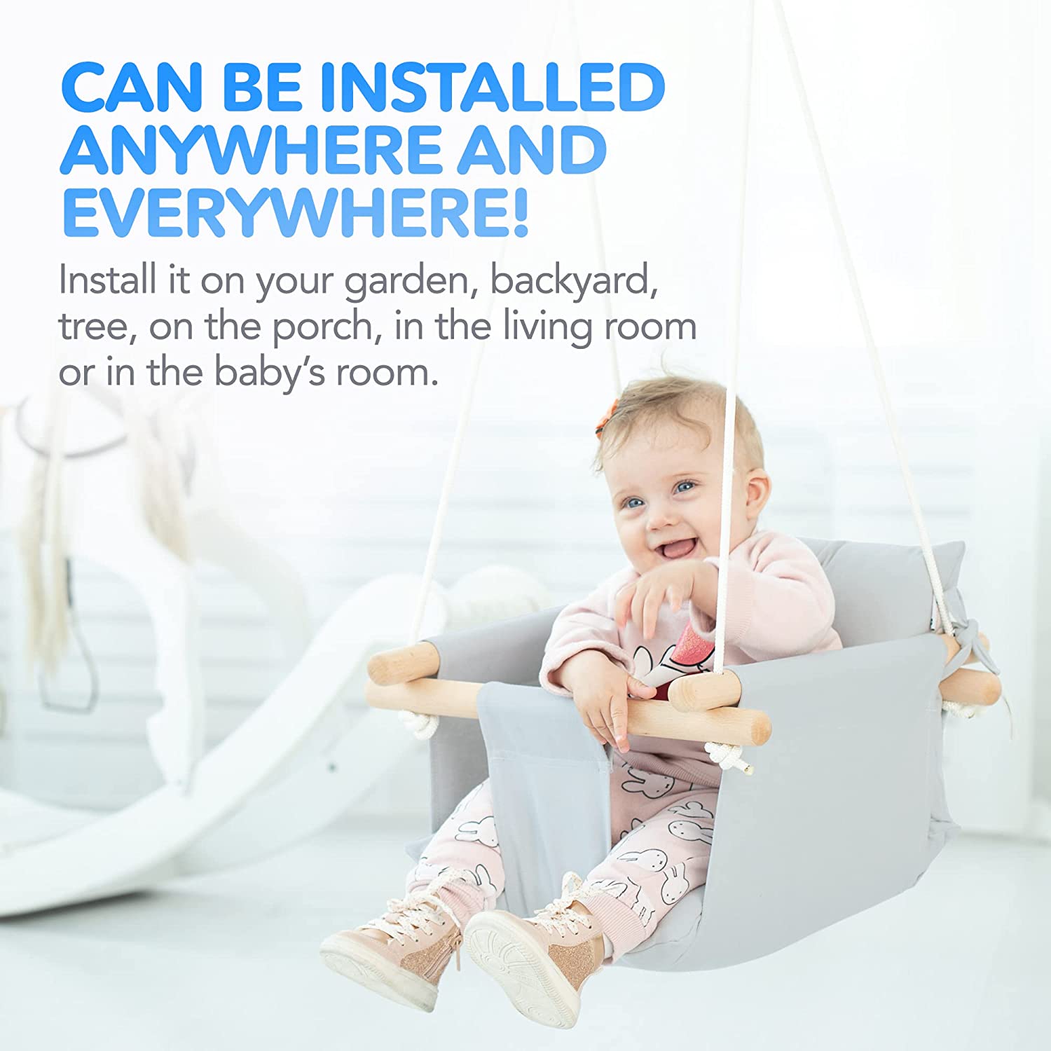 Canvas Baby Swing, Wooden Hanging Swing Seat Chair with Safety Belt, Durable Baby Hammock Chair, Outdoor and Indoor Swing for Kids, Mounting Hardware Included, Ivory