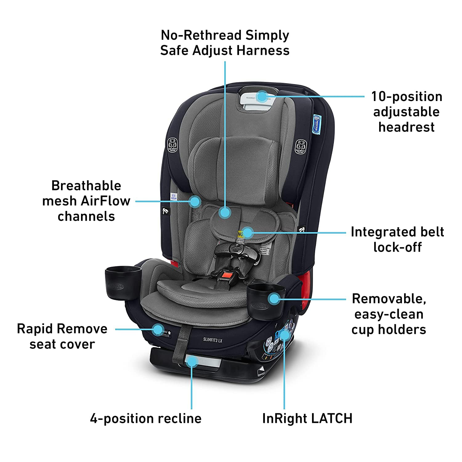 Slimfit 3 in 1 Car Seat -Slim & Comfy Design Saves Space in Your Back Seat, Darcie, One Size