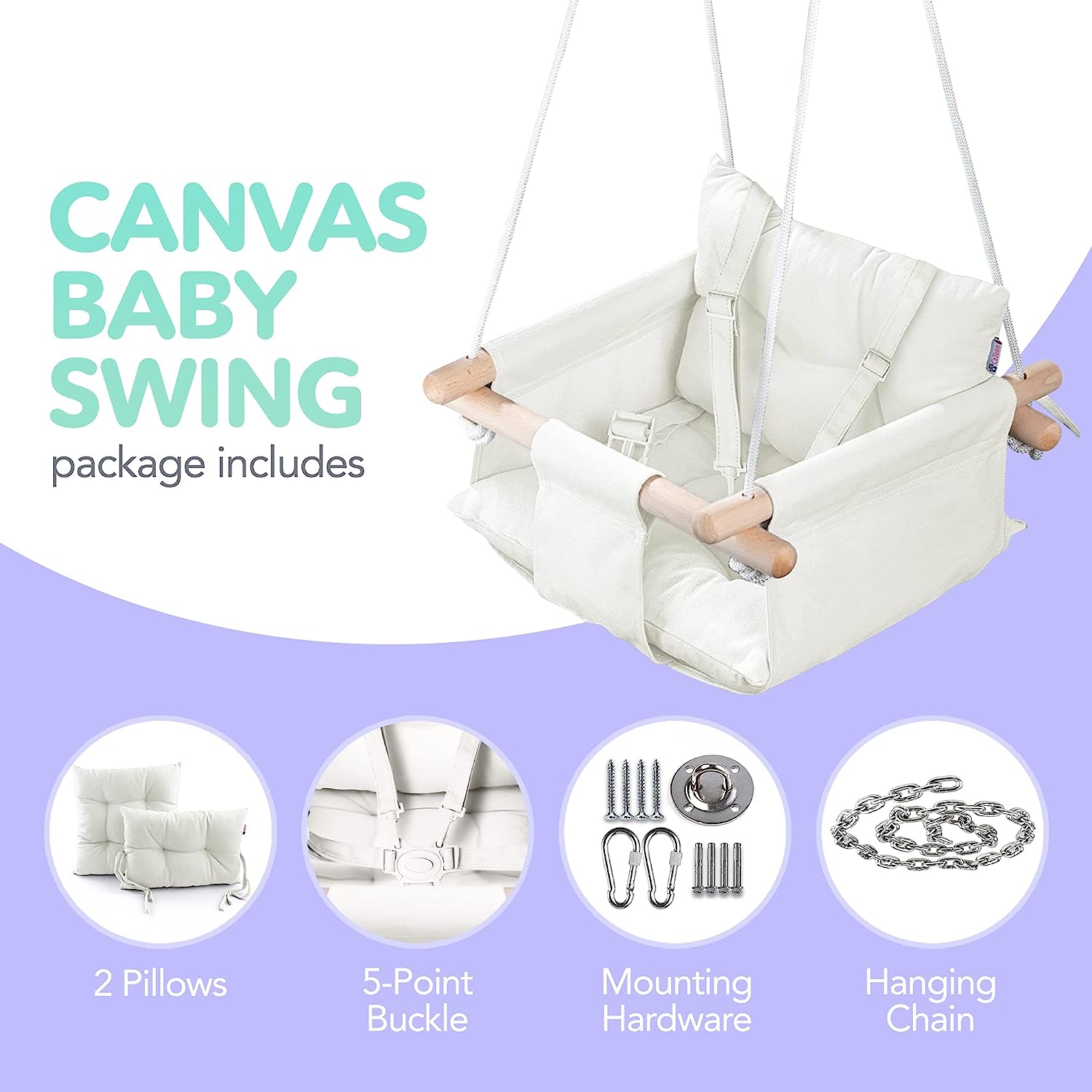 Canvas Baby Swing, Wooden Hanging Swing Seat Chair with Safety Belt, Durable Baby Hammock Chair, Outdoor and Indoor Swing for Kids, Mounting Hardware Included, Ivory