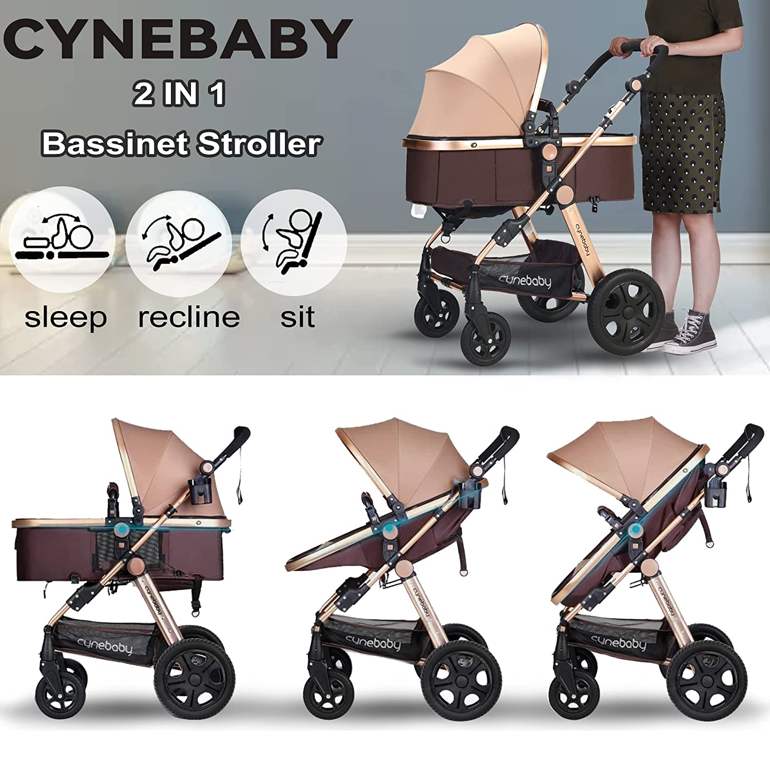 Luxury 2-In-1 Baby Infant Bassinet Stroller For All Terrain