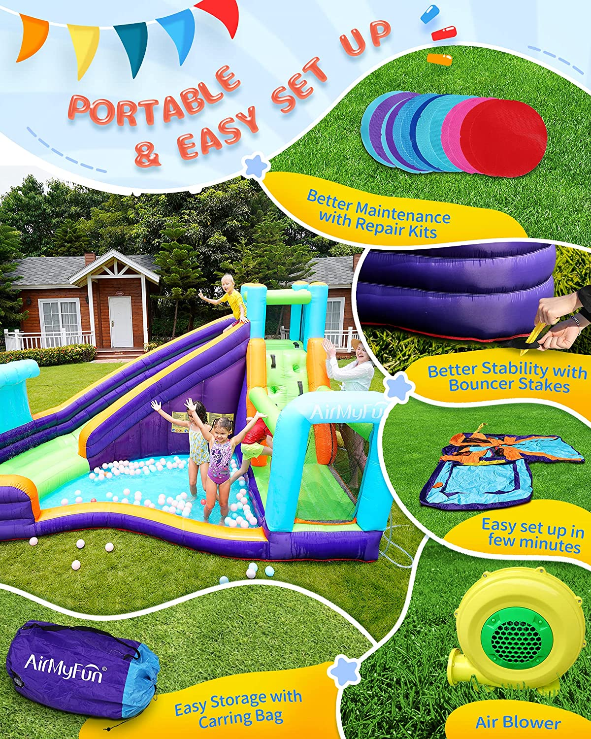 AirMyFun Inflatable Waterslide, Water Bounce House for Wet and Dry, Kids Bouncy House Water Park with Air Blower, Water Spray, Splash Pool, A83021