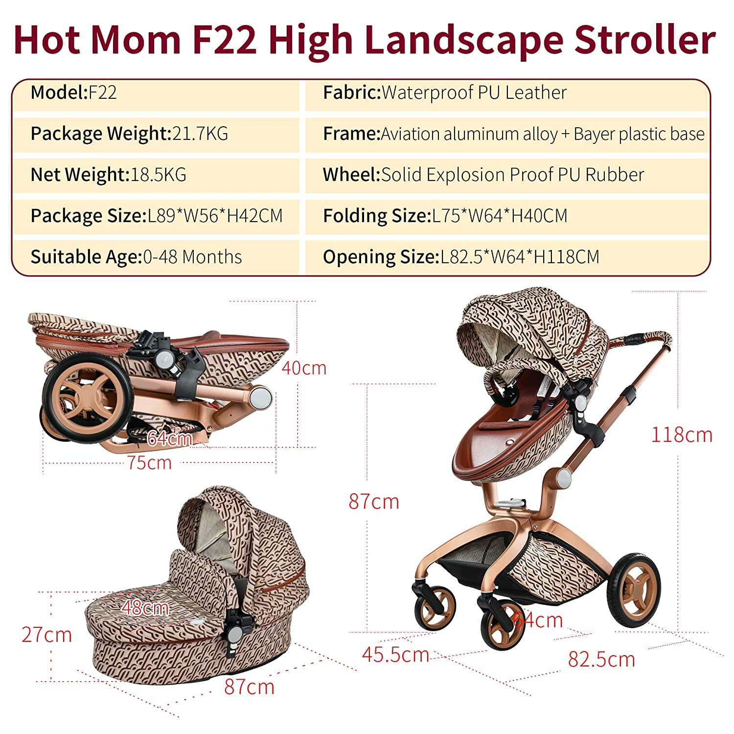 Baby Stroller: Baby Carriage with Adjustable Seat Height Angle and Four-Wheel Shock Absorption,ReversibleHigh Landscape and Fashional Pram (Grid)