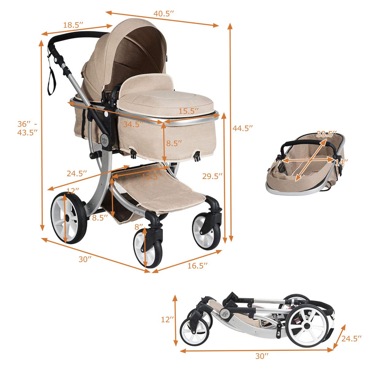Baby Stroller, High Landscape Convertible Infant Bassinet Stroller, Adjustable Canopy & Backrest, Storage Basket, Foot Cover, Foldable Newborn Carriage Pram Stroller (Gray)
