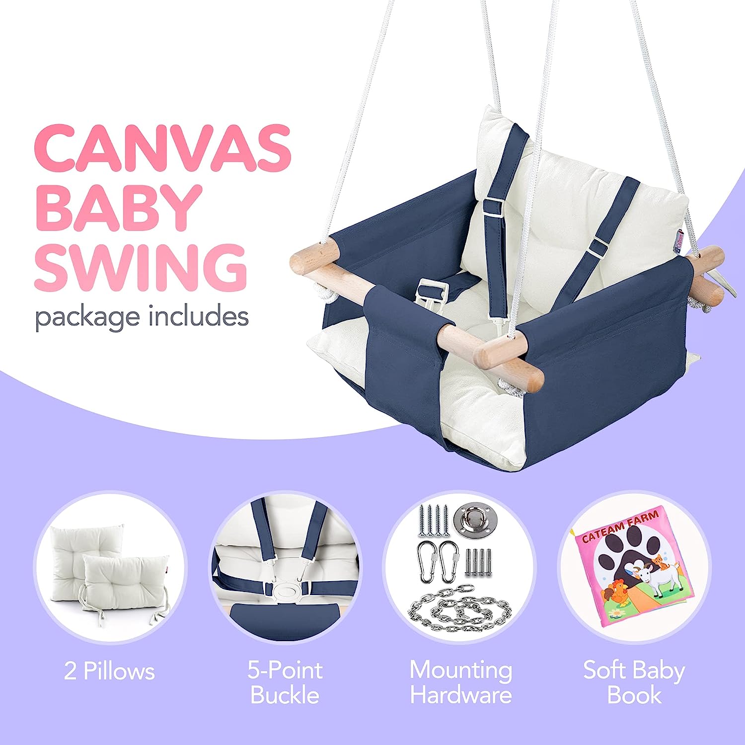 Canvas Baby Swing, Wooden Hanging Swing Seat Chair with Safety Belt, Durable Baby Hammock Chair, Outdoor and Indoor Swing for Kids, Mounting Hardware Included, Ivory