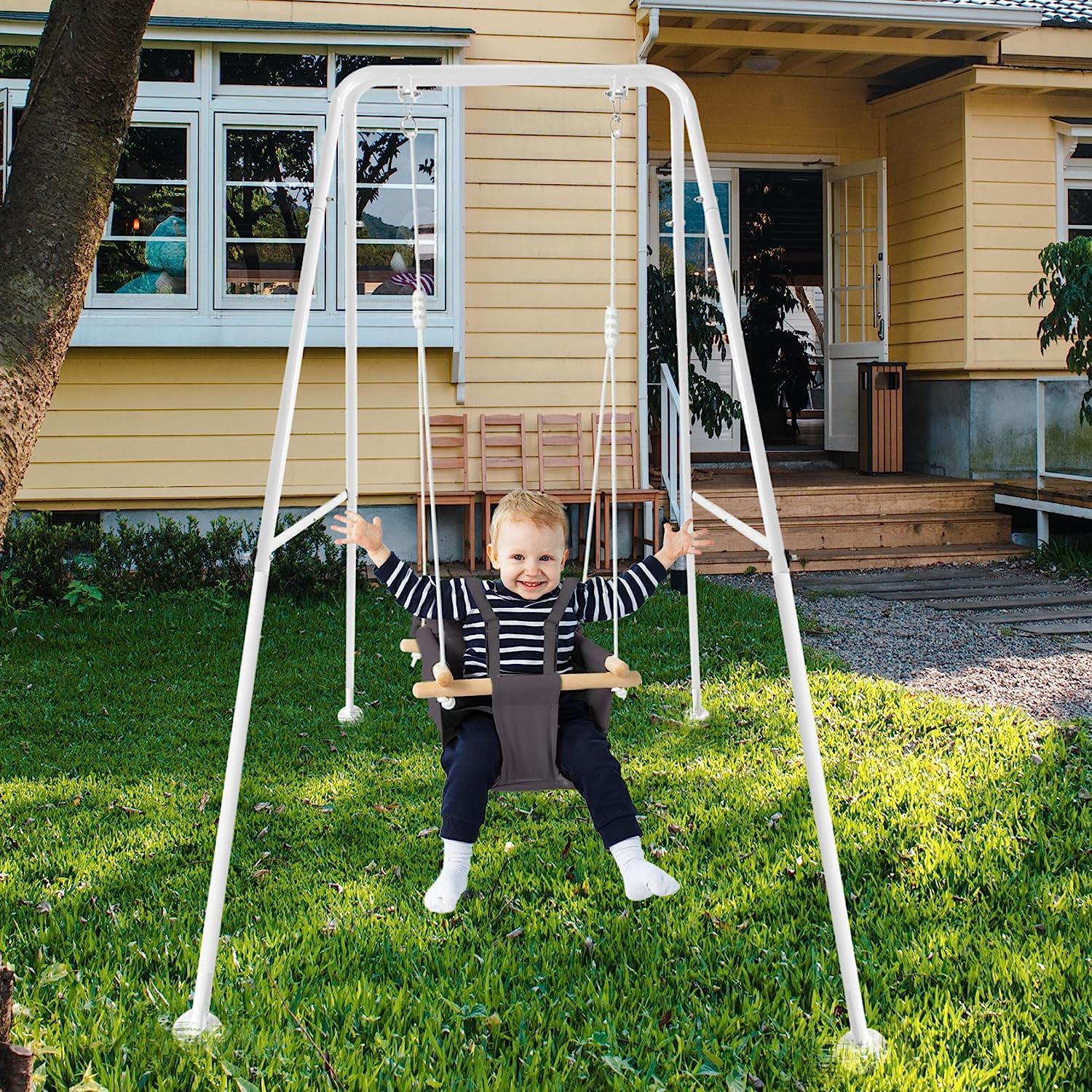 Canvas Baby Swing, Wooden Hanging Swing Seat Chair with Safety Belt, Durable Baby Hammock Chair, Outdoor and Indoor Swing for Kids, Mounting Hardware Included, Ivory