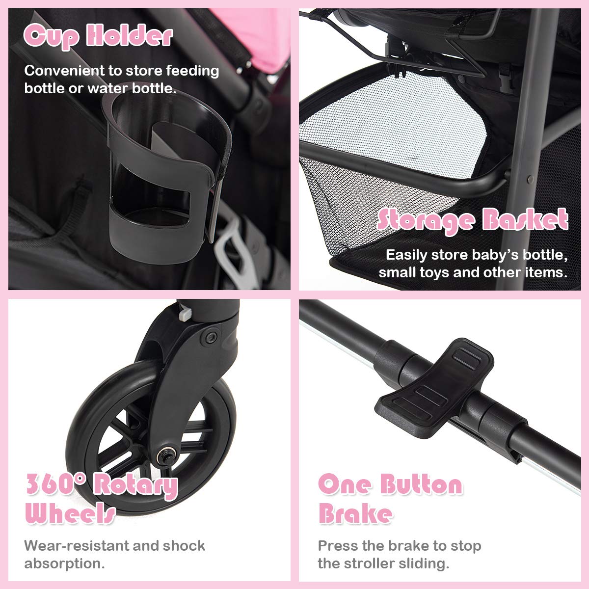 Baby Stroller, High Landscape Convertible Infant Bassinet Stroller, Adjustable Canopy & Backrest, Storage Basket, Cup Holder, Foldable Newborn Carriage Pram Stroller Pink)