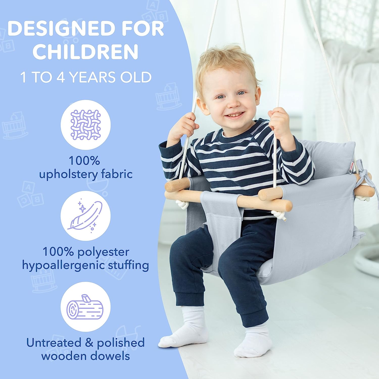 Canvas Baby Swing, Wooden Hanging Swing Seat Chair with Safety Belt, Durable Baby Hammock Chair, Outdoor and Indoor Swing for Kids, Mounting Hardware Included, Ivory