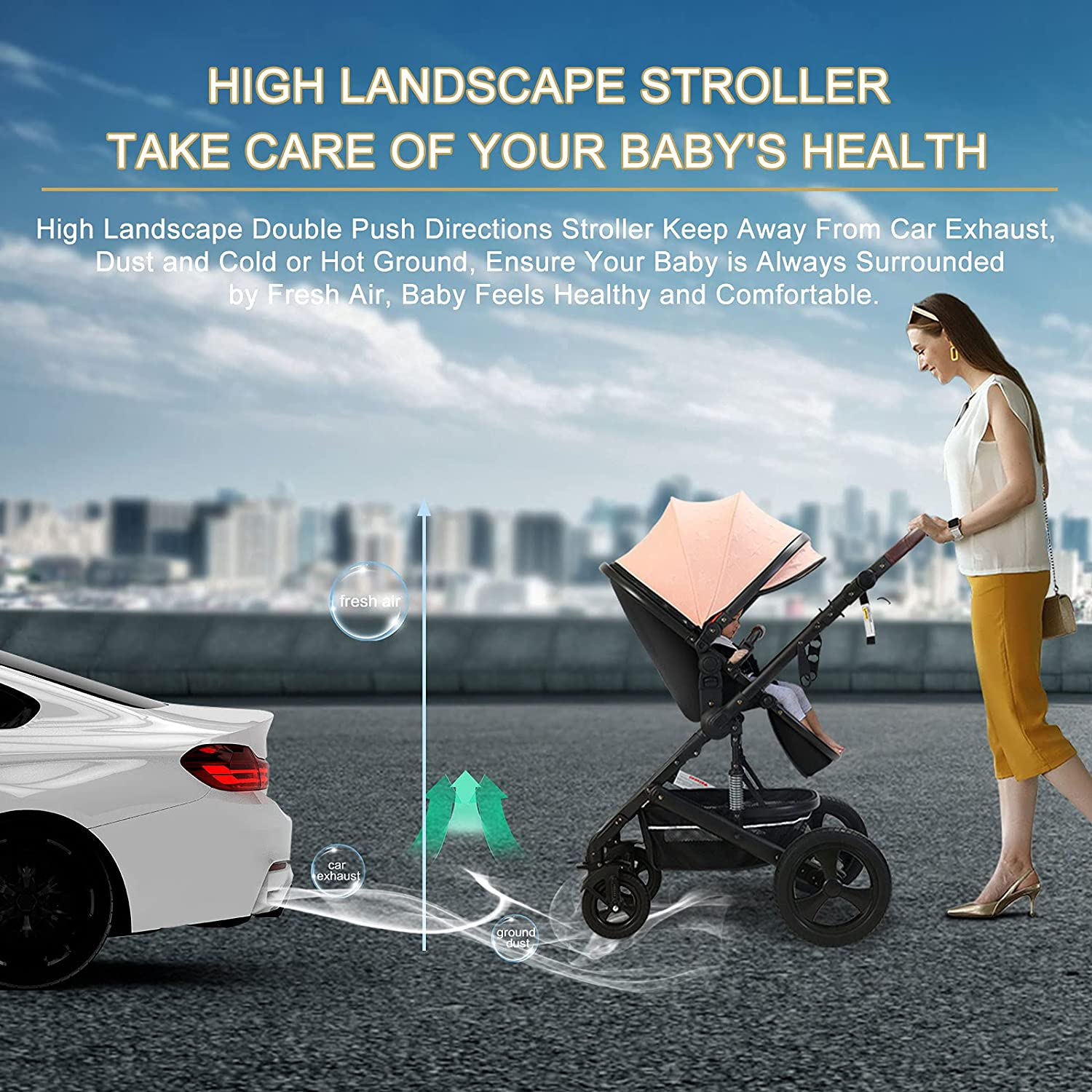 Newborn Infant Toddler Baby Stroller - Strollers with Backrest Adjustable Reversible, 2 in 1 High Landscape Convertible Bassinet Foldable Aluminum Alloy 3D Shock Absorption All Terrain Pram