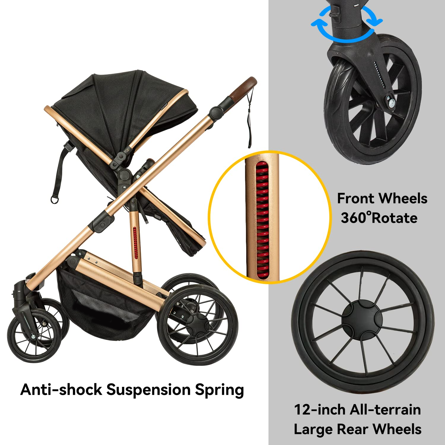 Baby Stroller - 2 in 1 High Landscape Convertible Stroller with Reversible Seat | Foldable Aluminum Alloy Pram Anti-Shock Toddler Pushchair Strollers for 0-36 Months Babies