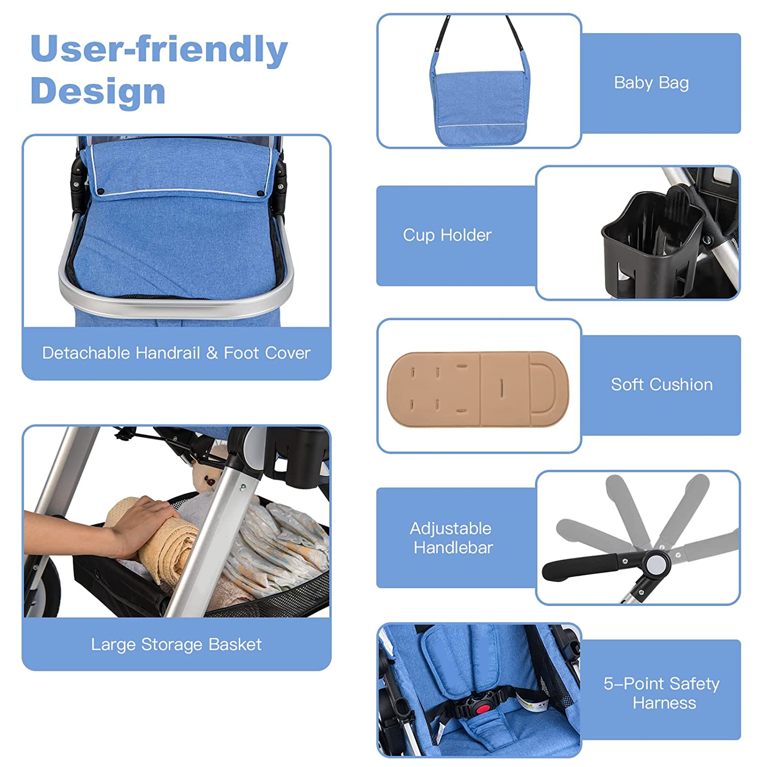 Baby Stroller for Newborn, 2 in 1 High Landscape Infant Stroller & Convertible Bassinet Pram, Adjustable Backrest & Canopy, Cup Holder, Storage Basket, Foldable Pushchair w/Foot Cover (Blue)