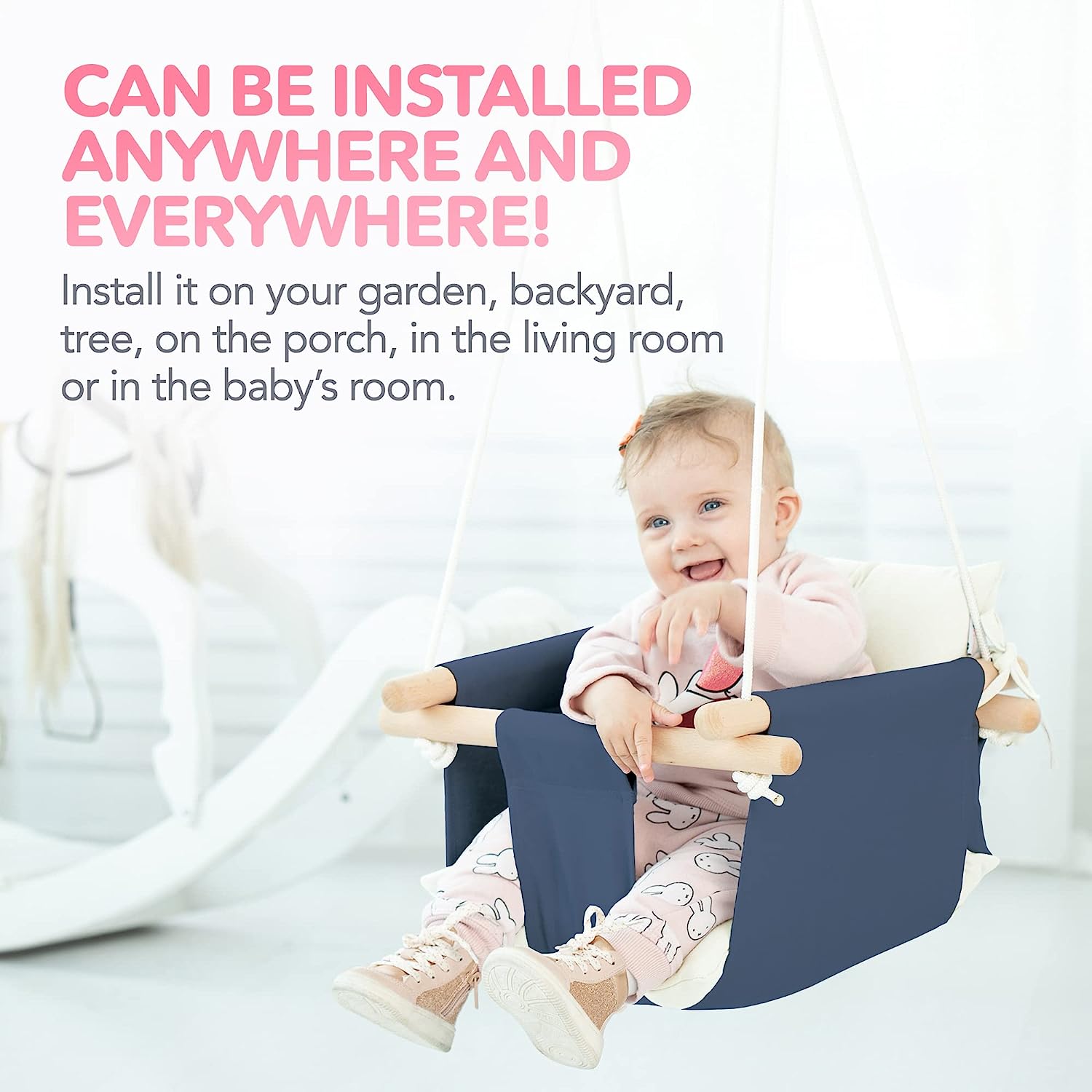 Canvas Baby Swing, Wooden Hanging Swing Seat Chair with Safety Belt, Durable Baby Hammock Chair, Outdoor and Indoor Swing for Kids, Mounting Hardware Included, Ivory