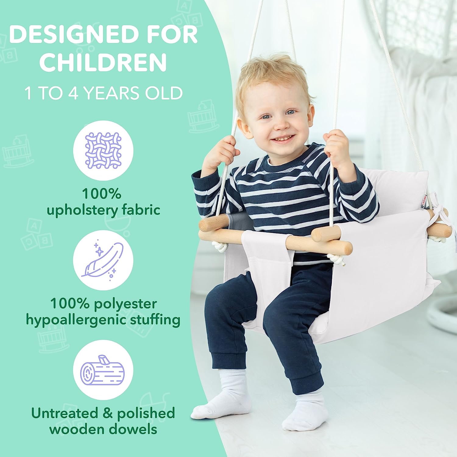 Canvas Baby Swing, Wooden Hanging Swing Seat Chair with Safety Belt, Durable Baby Hammock Chair, Outdoor and Indoor Swing for Kids, Mounting Hardware Included, Ivory