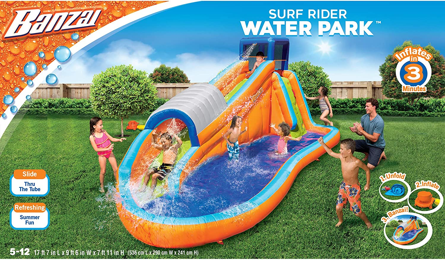 Banzai Surf Rider Kids Inflatable Outdoor Backyard Aqua Water Slide Splash Park with Climbing Wall, Tunnel Slide, and Lagoon Splash Pool for Ages 5-12